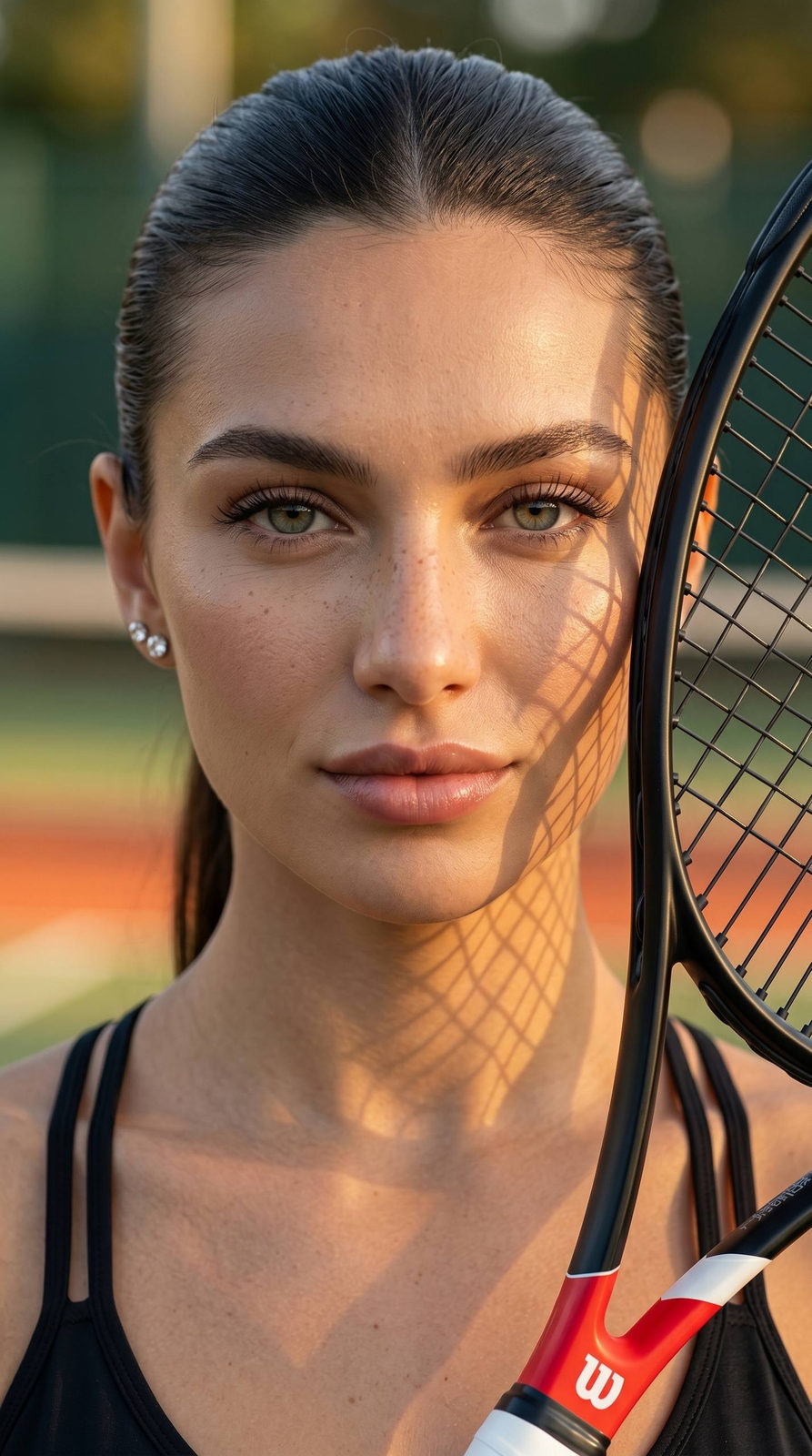 Close-up portrait of a girl holding a tennis racket, confident expression, warm sunlight creating shadows on her face.