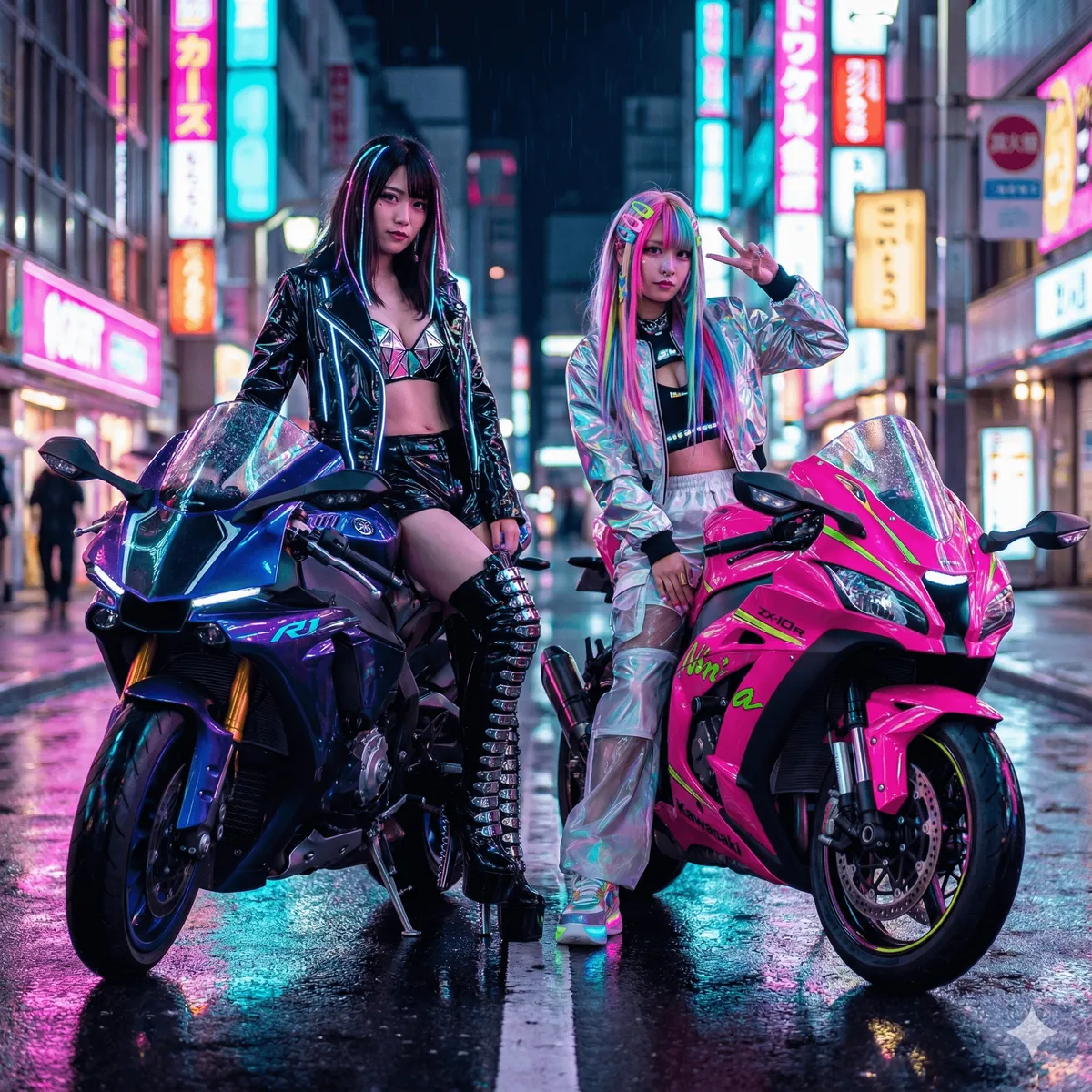 Neon Japanese Street Sportbikes Night Scene