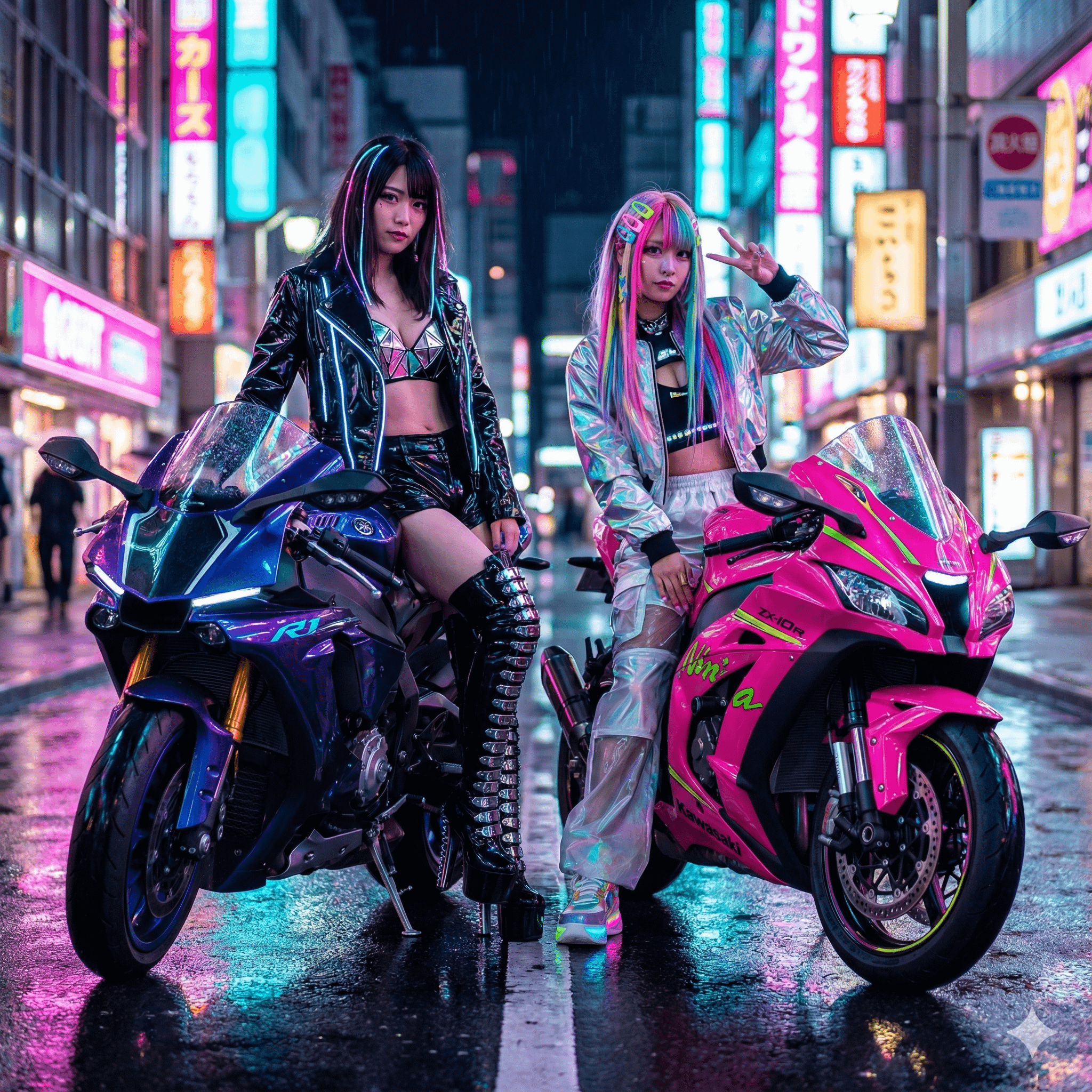 Two individuals posing on high-performance sportbikes in a neon-lit Japanese street at night with reflections on the wet pavement.