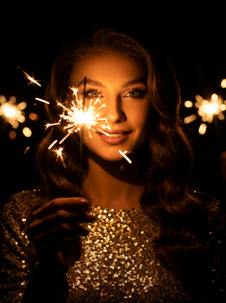 A woman in a sequined dress holding a sparkler close to her face, illuminated by warm sparks against a dark background.