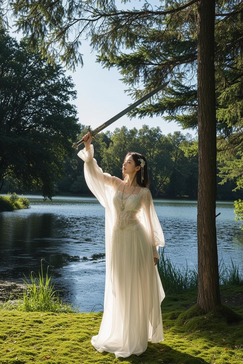 White Gown with Sword by Lake