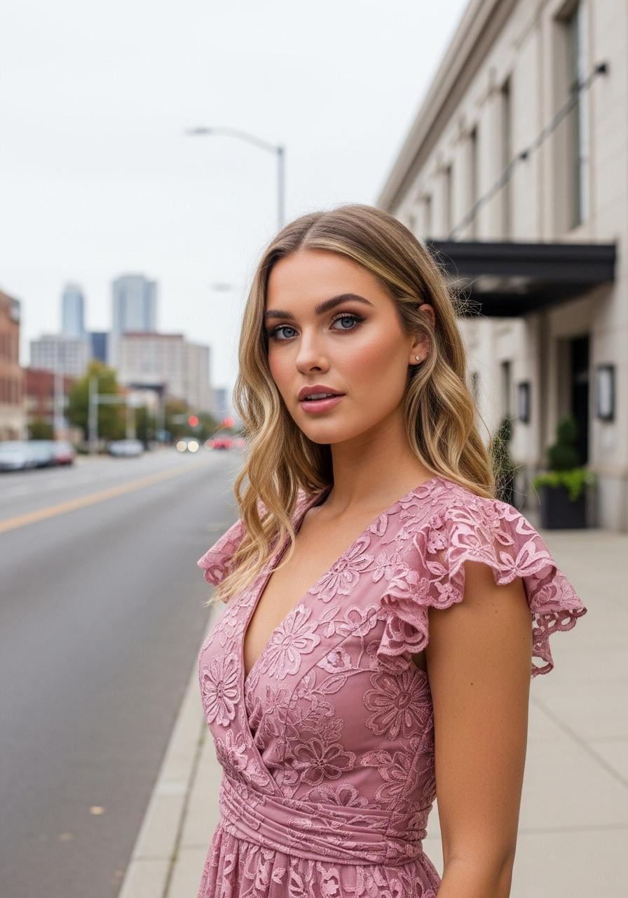 Dusty Rose Colored V Neck Dress Featuring On Concrete Sidewalk