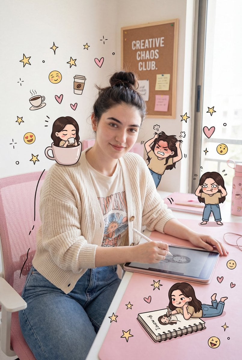 Cute Pink Office Creative Scene With Chibi Versions