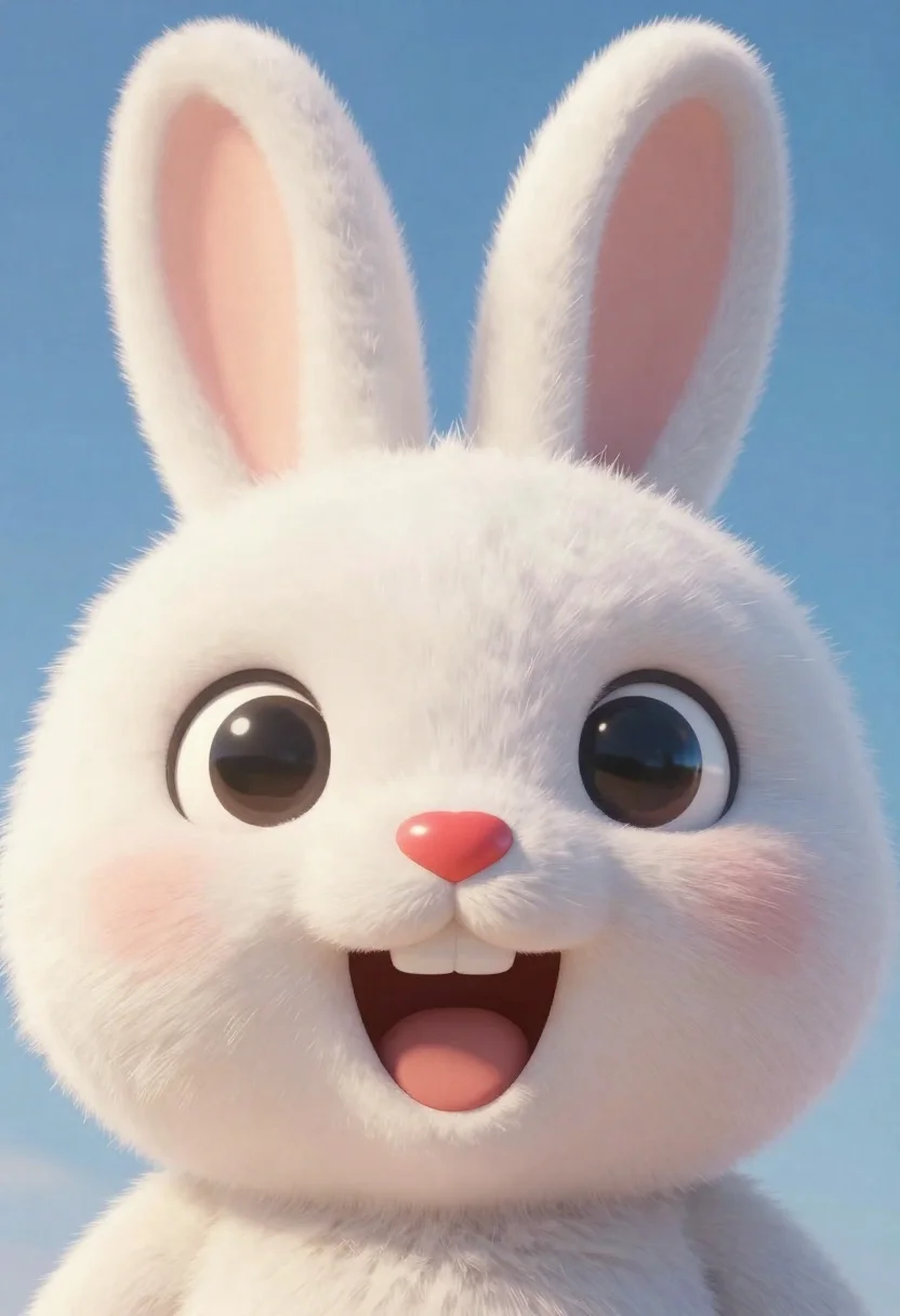 Close-up Portrait Cartoonish White Bunny Head With Large Round Black reference photo