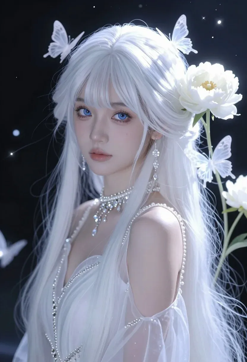 Close-up Portrait Young Woman With Long Flowing White Hair And