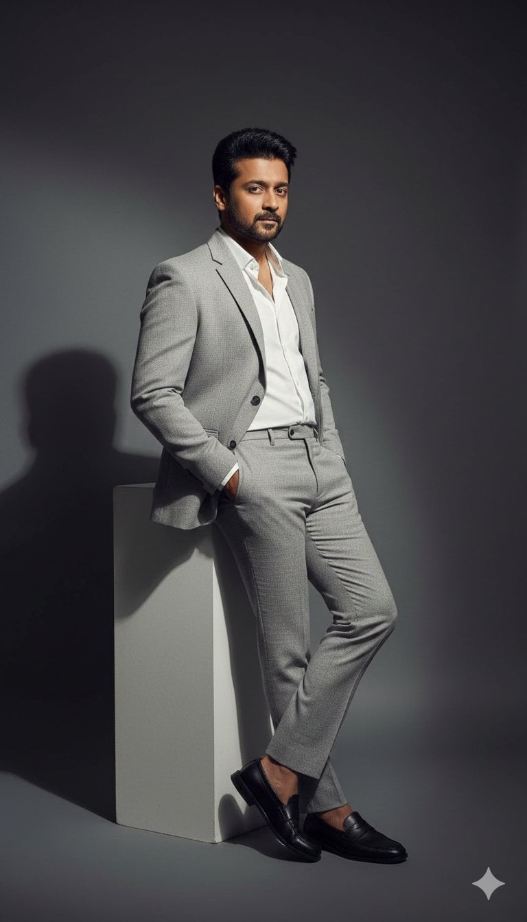 Grey Suit Leaning On White Pedestal Studio