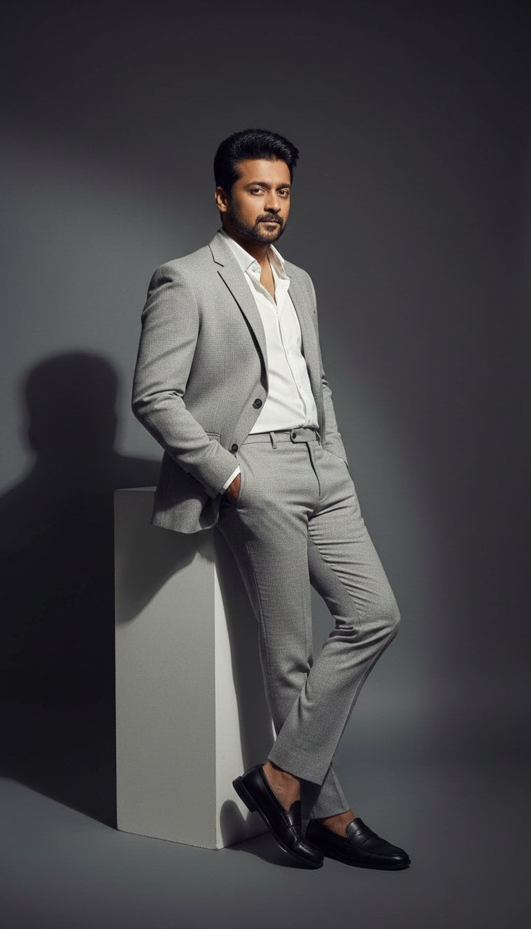 A man in a tailored grey suit leaning against a white pedestal, minimal studio backdrop.