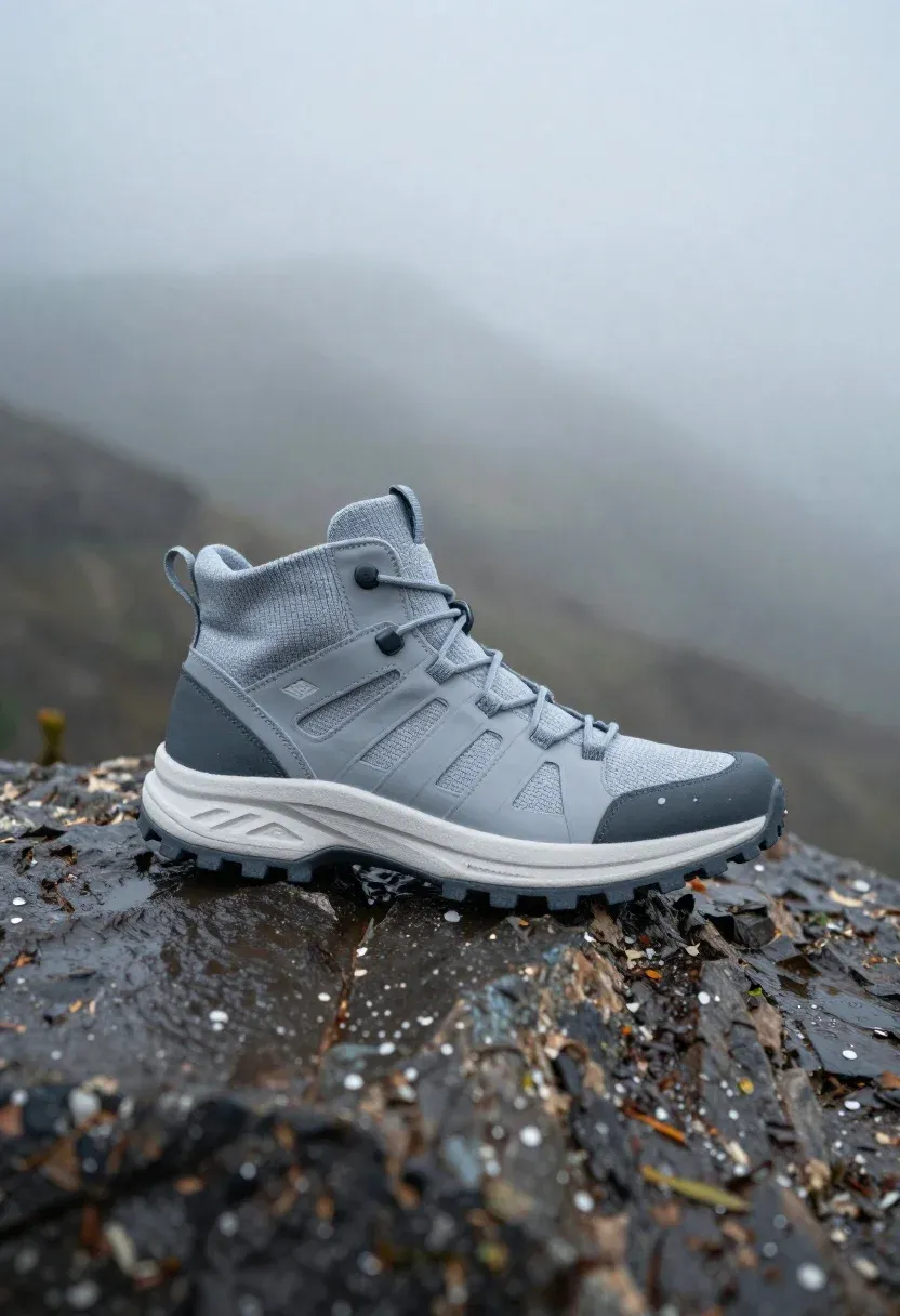 Photorealistic Product Shot Modern Grey And White Hiking Boot Standing