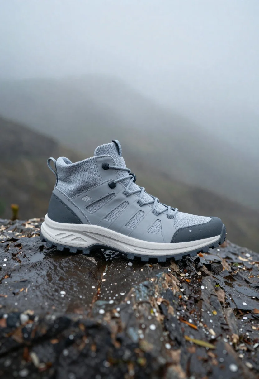 Photorealistic Product Shot Modern Grey And White Hiking Boot Standing reference photo