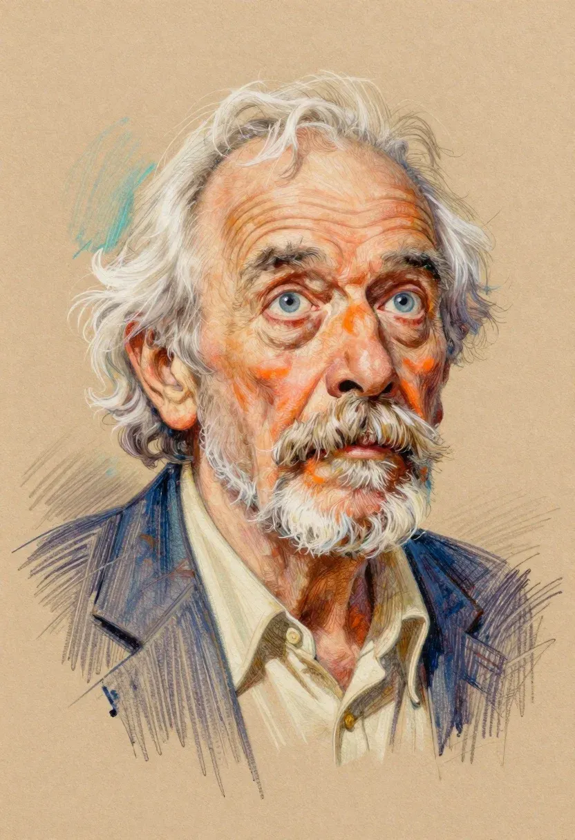 Colored Pencil Portrait Textured Tan Paper Elderly Man With Wild