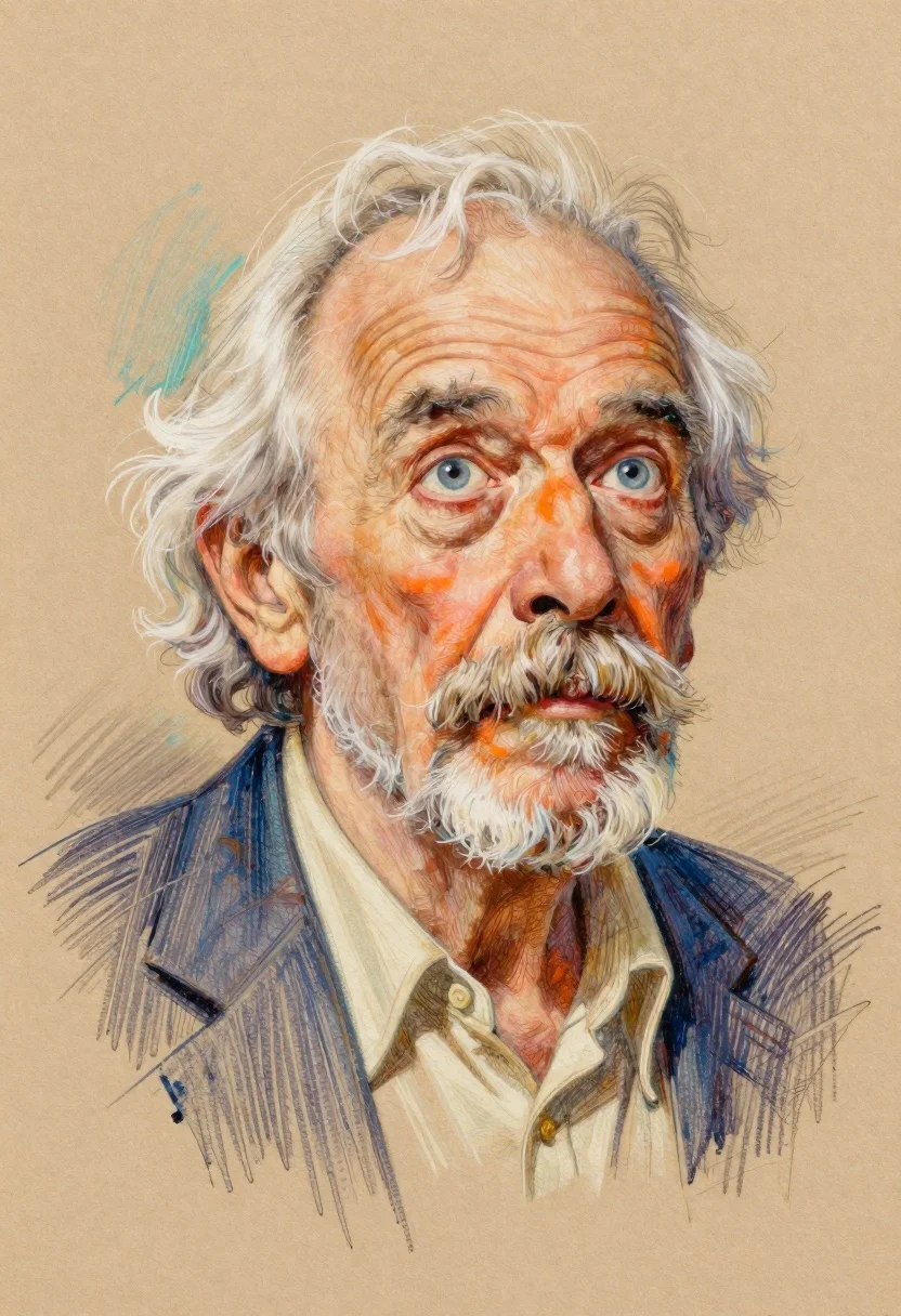Colored Pencil Portrait Textured Tan Paper Elderly Man With Wild reference photo