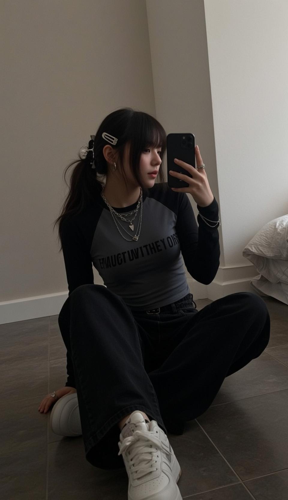 Grey Black Shirt Tiled Floor Wide Legs