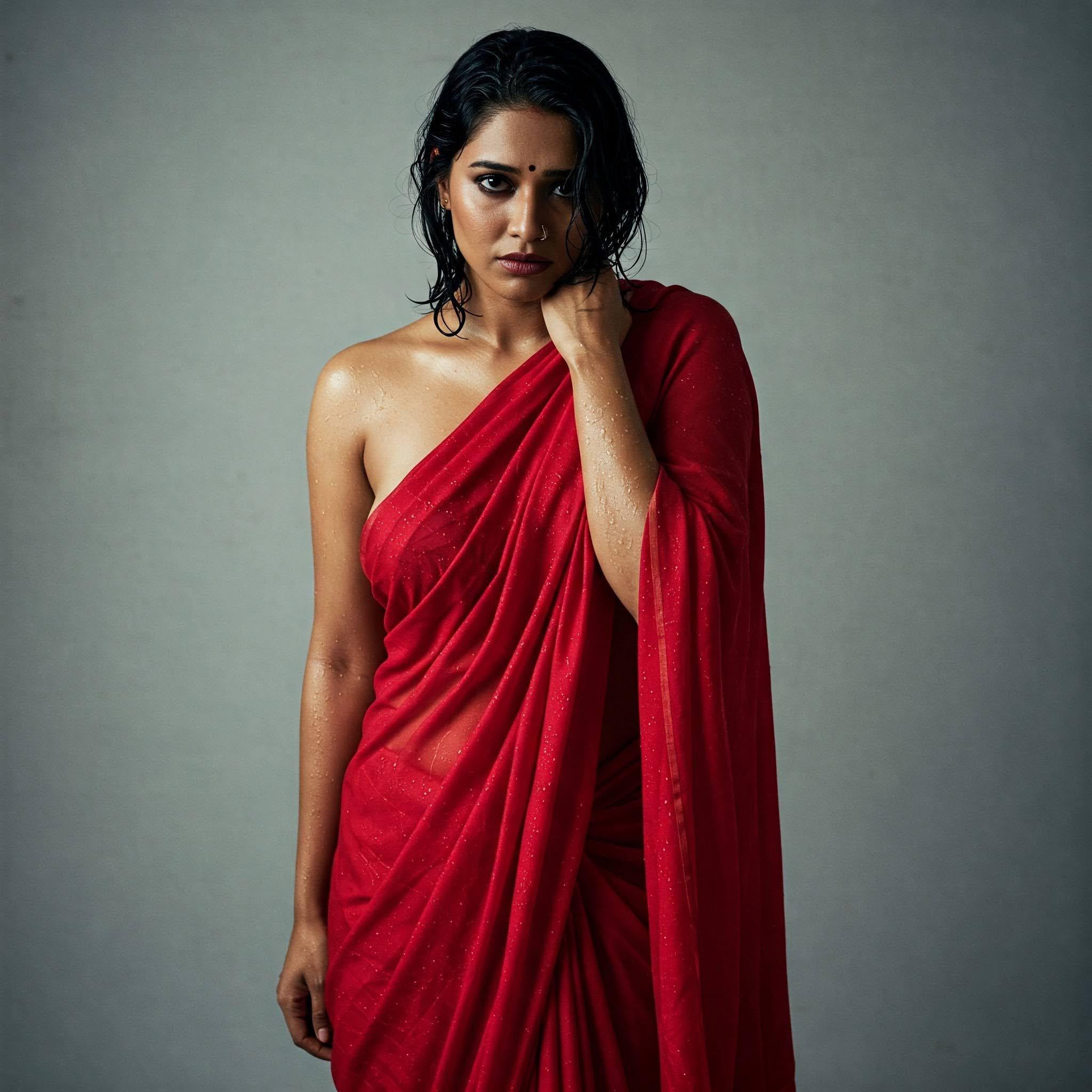 Red Saree Contemplative Pose Soft Lighting