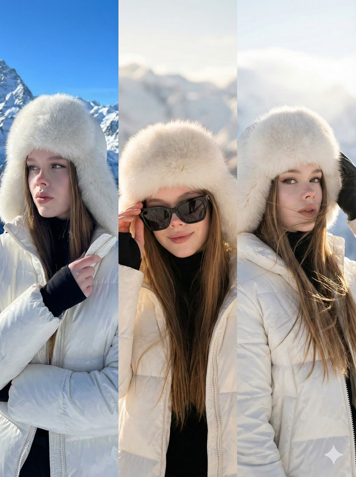 A close-up portrait of a model in a glossy puffer jacket, fluffy fur hat, and turtleneck, set against snowy mountain peaks.