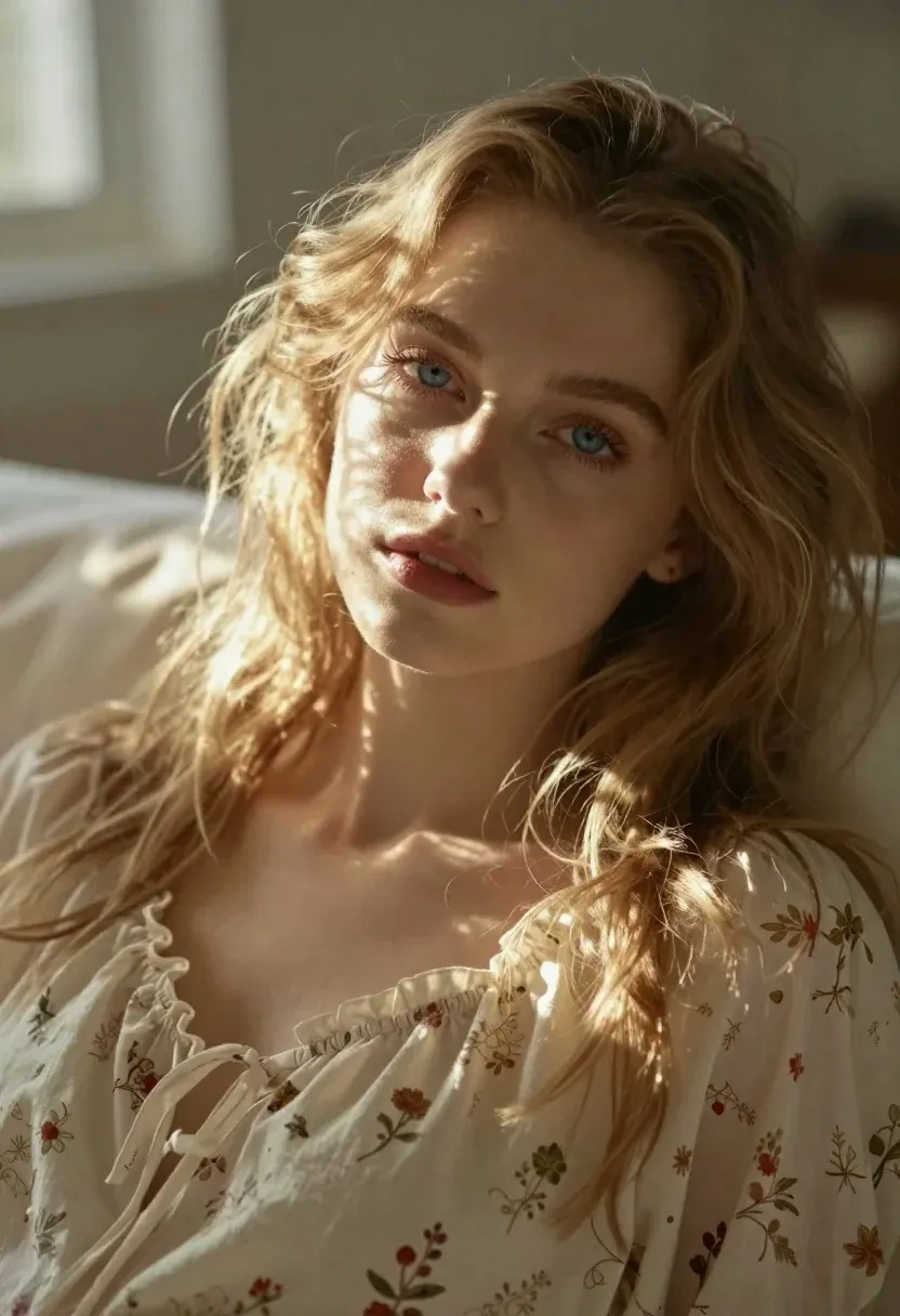 Soft-focus Close-up Portrait Young Woman Lying Down With Long Wavy