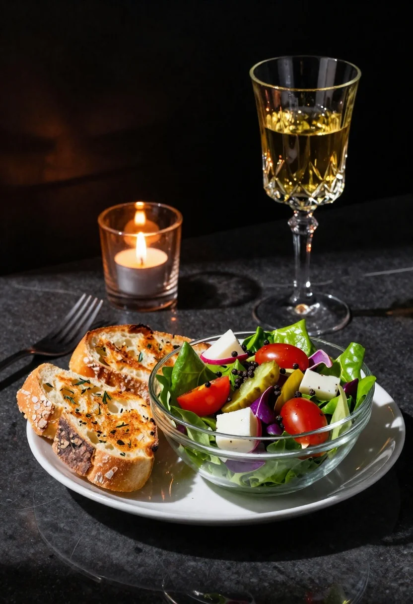 Photorealistic Food Still Life Featuring Vibrant Salad And Crusty Bread reference photo