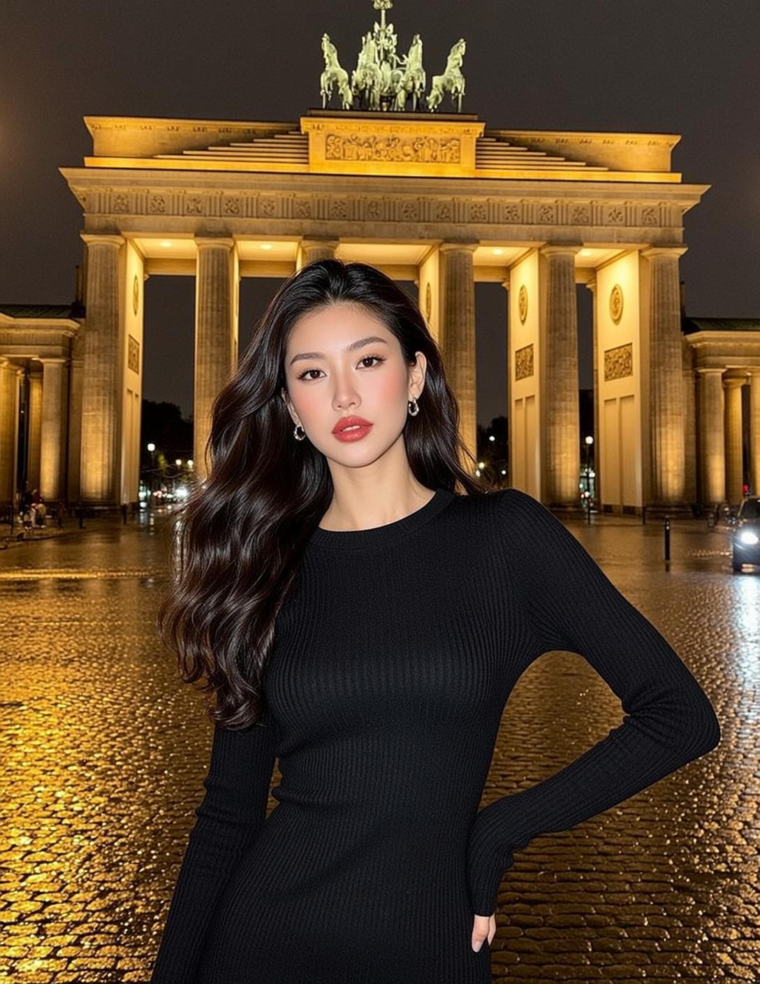 Brandenburg Gate Woman Black Dress Wet Cobblestone