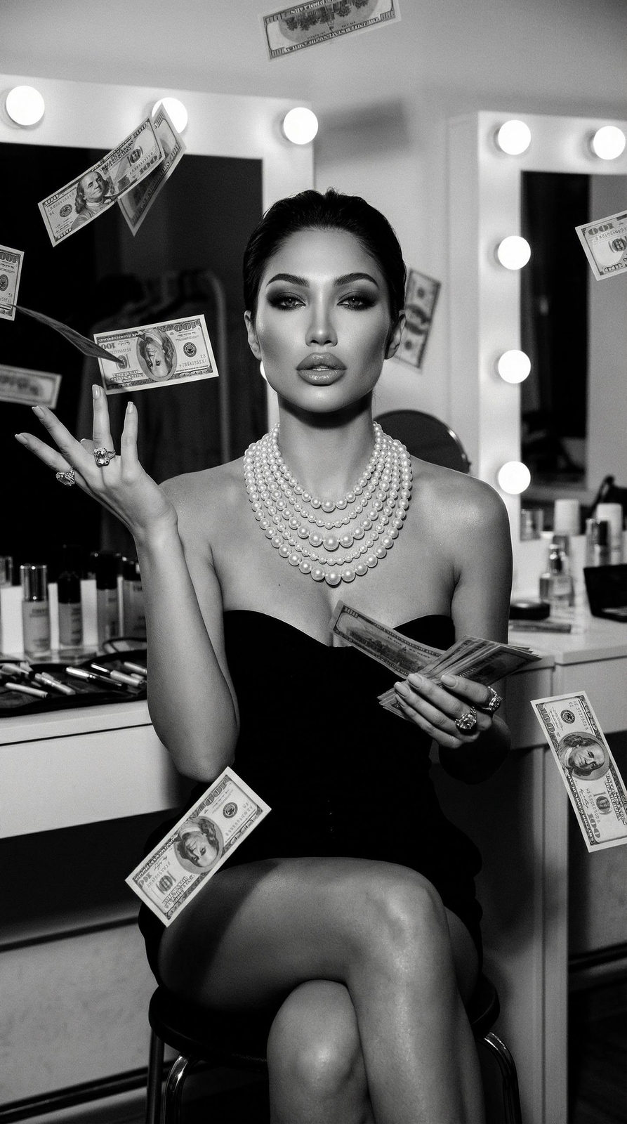 Cinematic portrait of a woman in a dressing room, surrounded by falling banknotes with a confident expression.