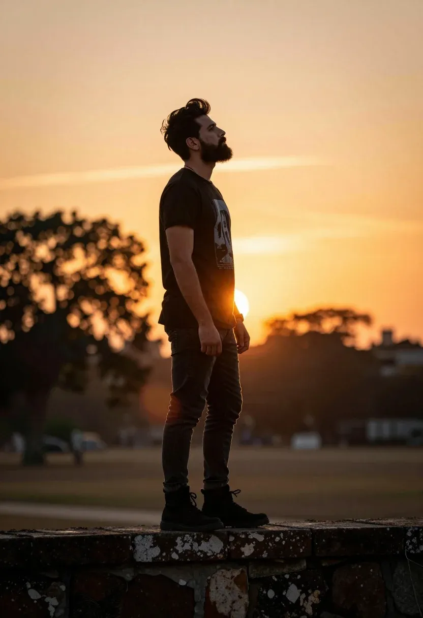 Man Stands Profile Atop Low Stone Wall Against Vibrant Sunset