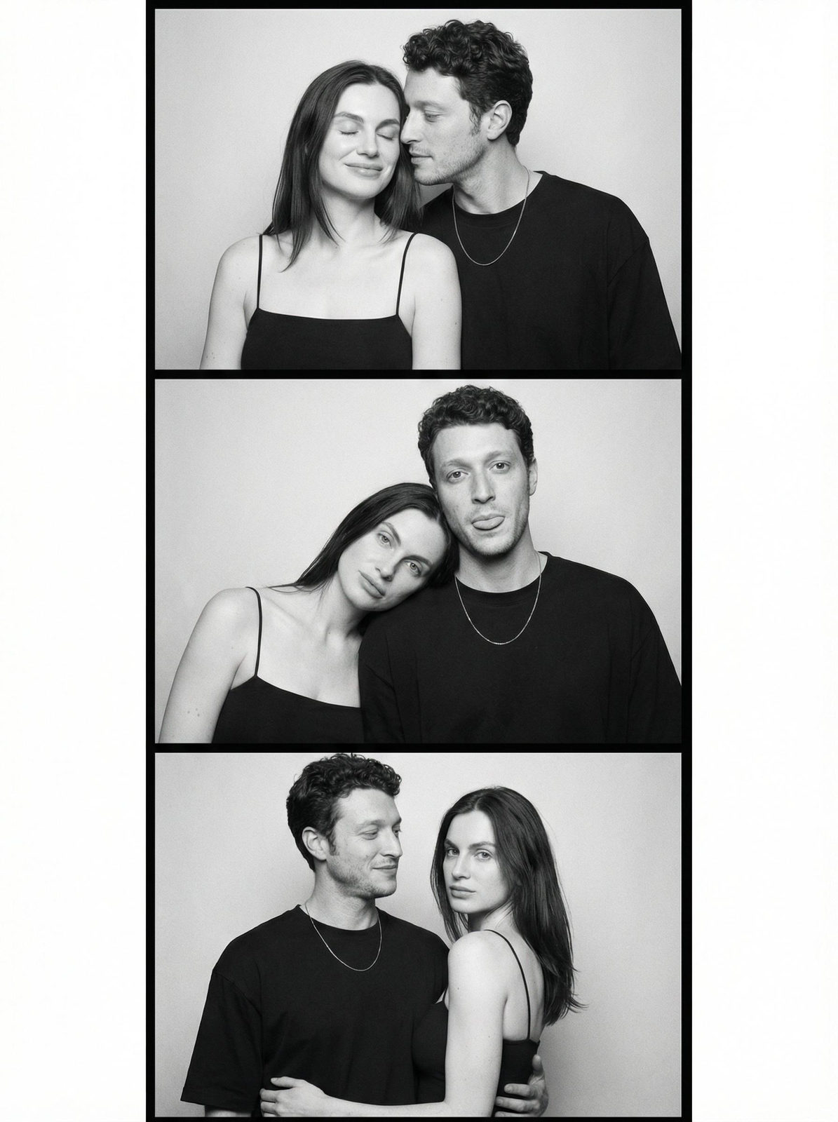 Vertical collage of a man and woman in black and white photo booth style, depicting emotions in a studio setting.