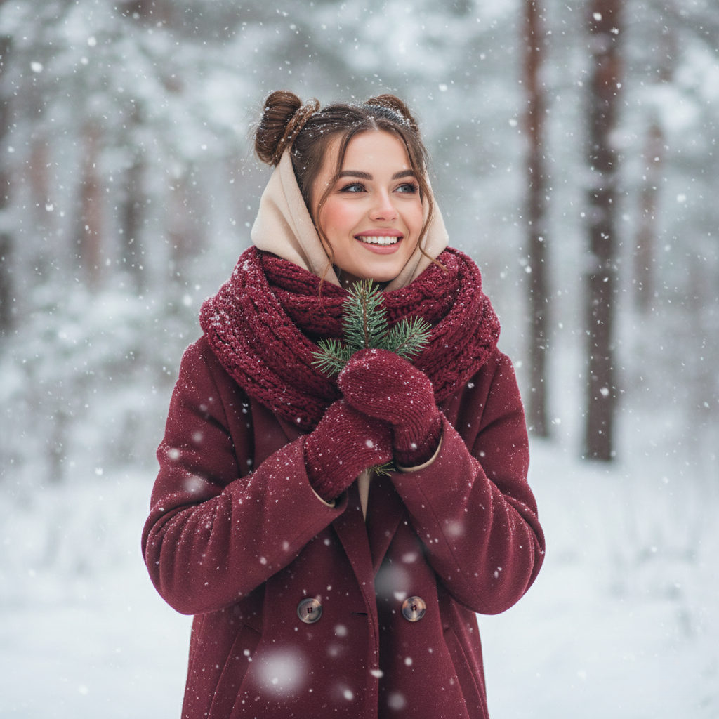 A young woman with a joyful smile in a snow-covered forest, wearing a burgundy coat and fluffy mittens, with snowflakes in her hair.
