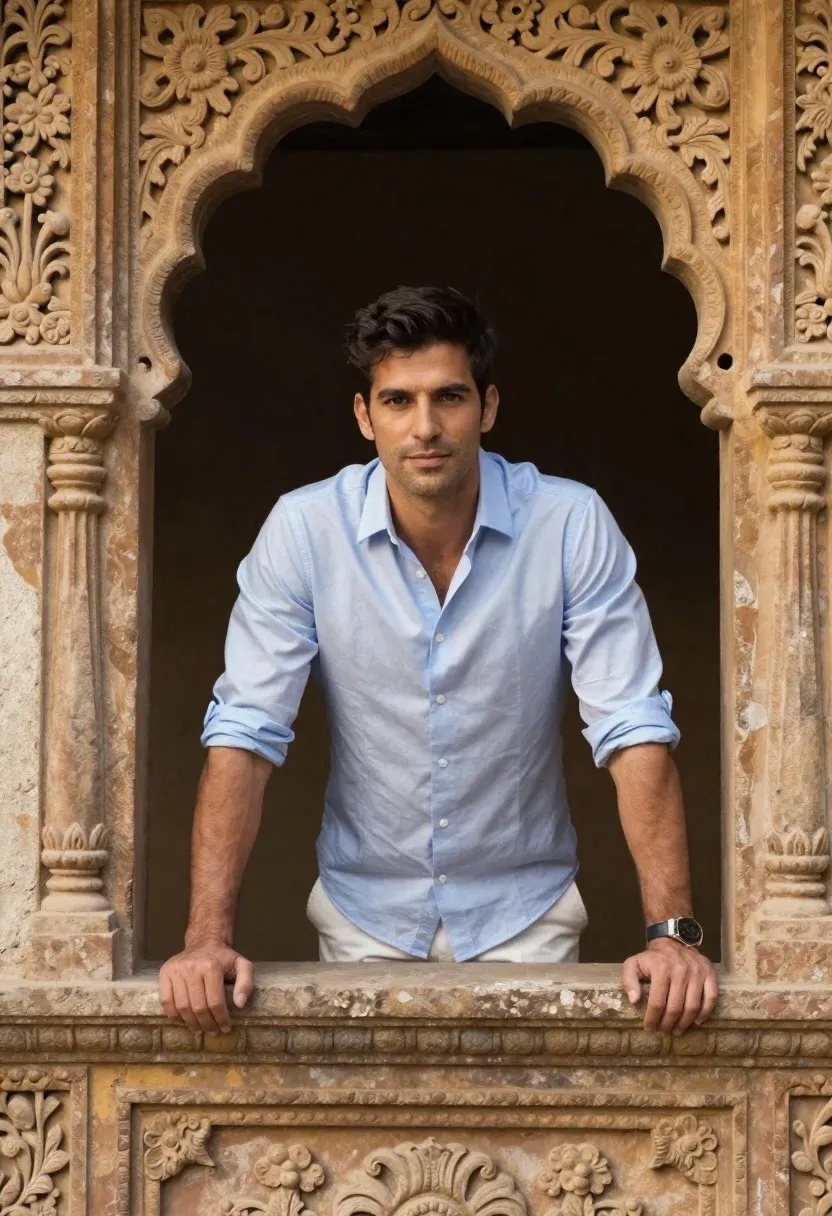 Handsome Man With Dark Hair Stands Inside Ornate Stone Window
