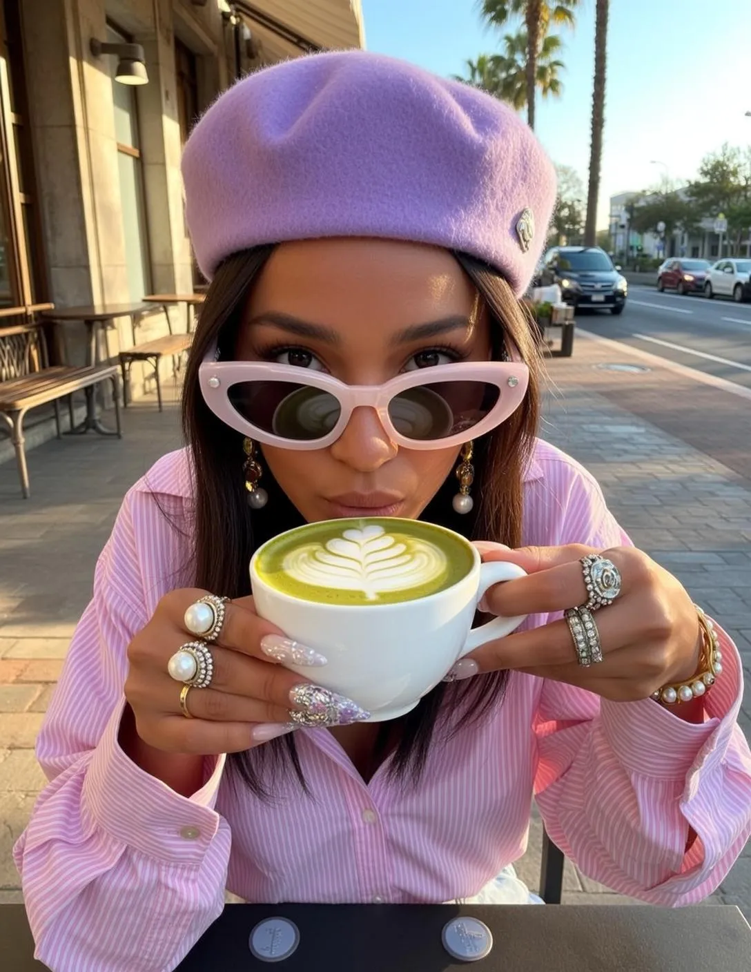 Sunglasses Earrings Bracelets And Rings In Cafe Portrait