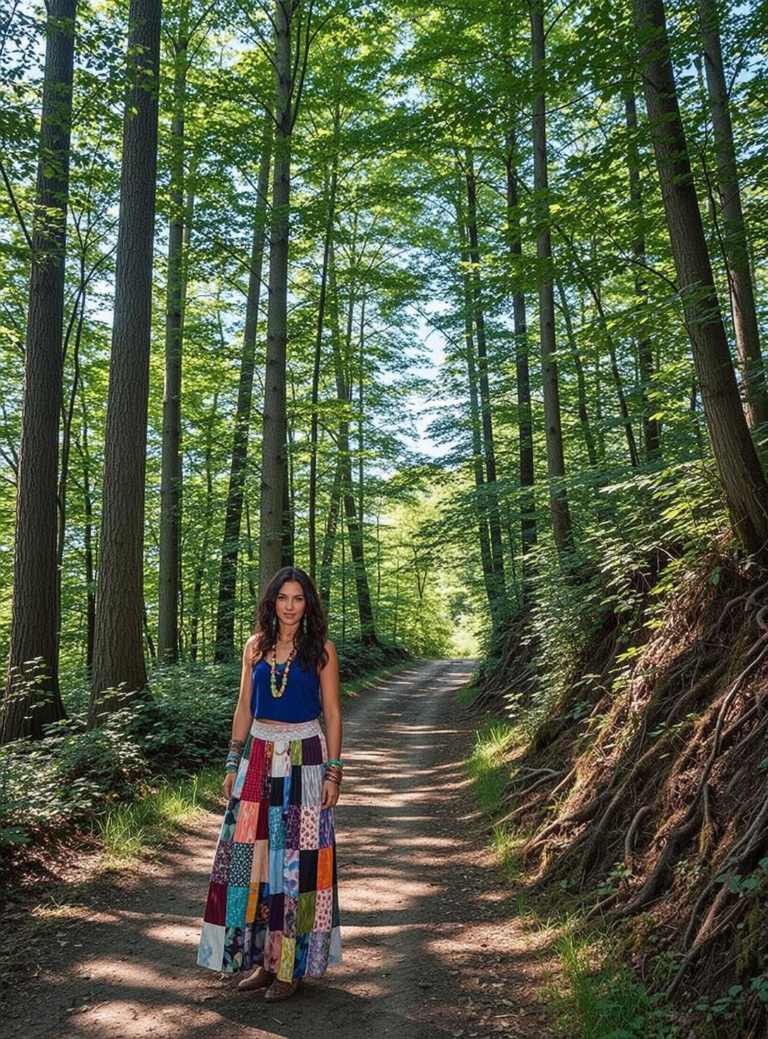 Forest Path Dappled Sunlight Young Woman