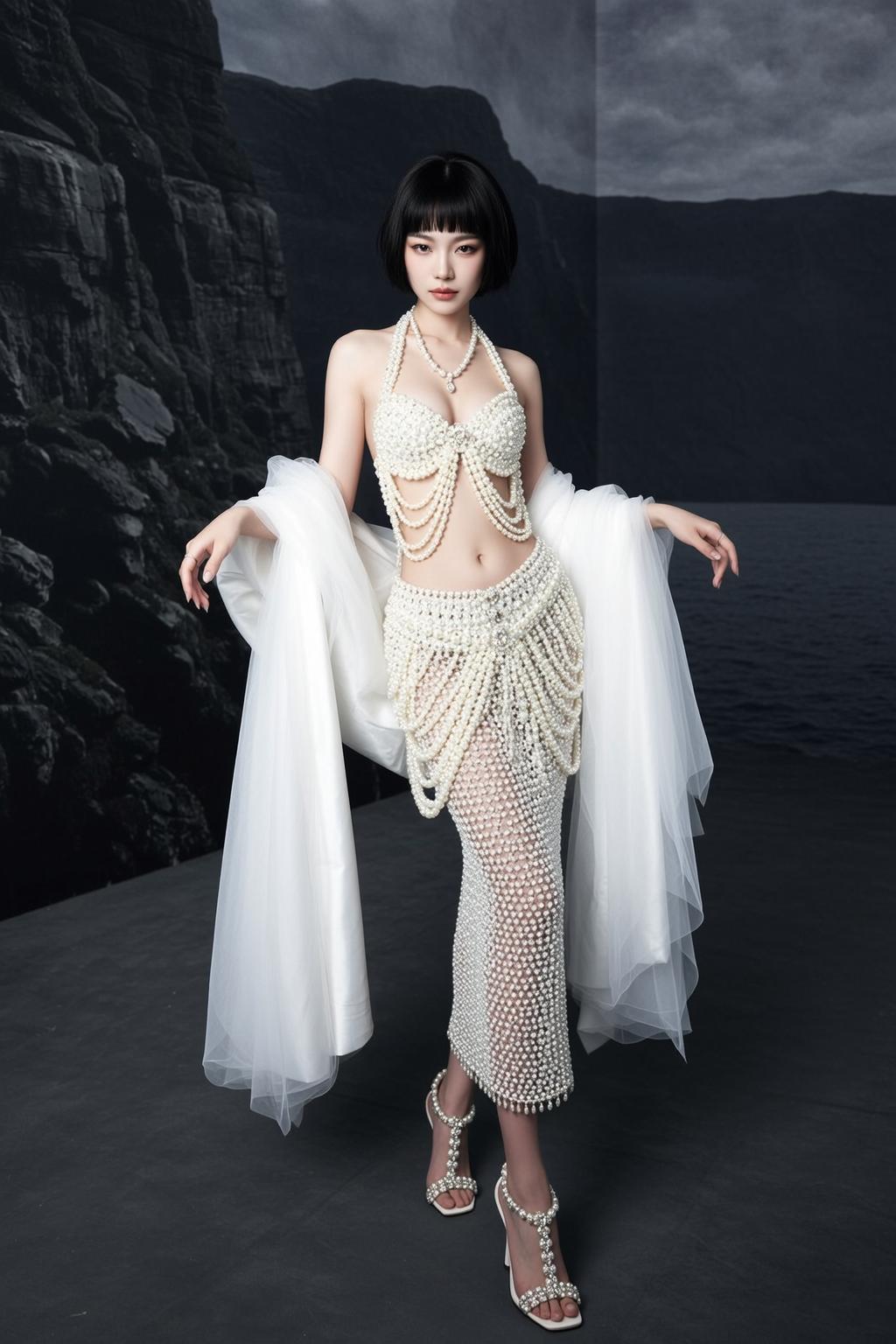 White Halter Top and White Skirt on Dramatic Rocky Landscape
