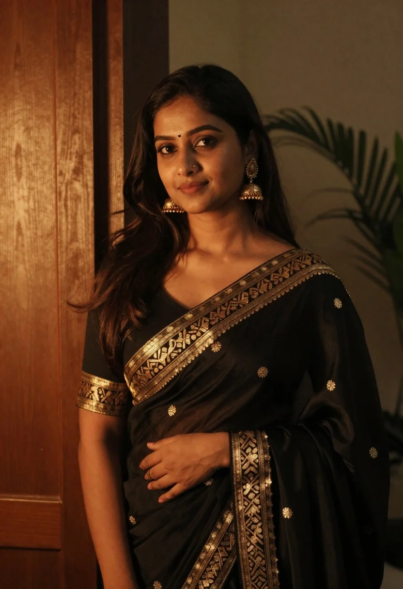 Woman Stands Warm Intimate Indoor Setting Wearing Elegant Black Saree reference photo