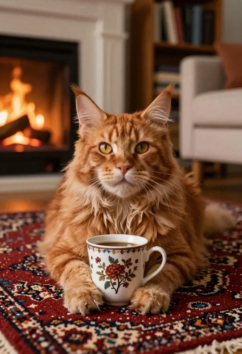 Cozy Indoor Scene Featuring Fluffy Ginger Cat With Striking Yellow
