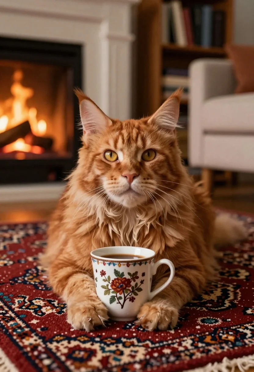 Cozy Indoor Scene Featuring Fluffy Ginger Cat With Striking Yellow reference photo