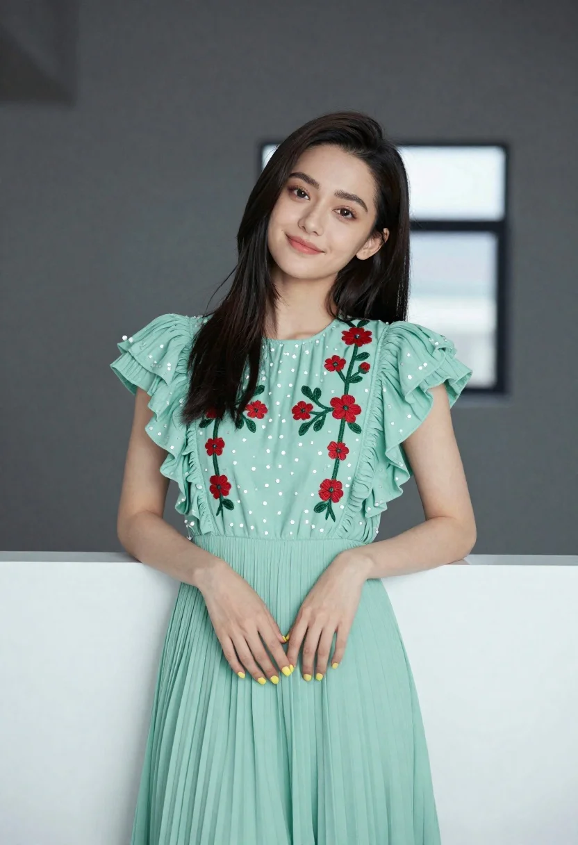 Young Woman With Dark Hair And Soft Smile Poses Leaning reference photo