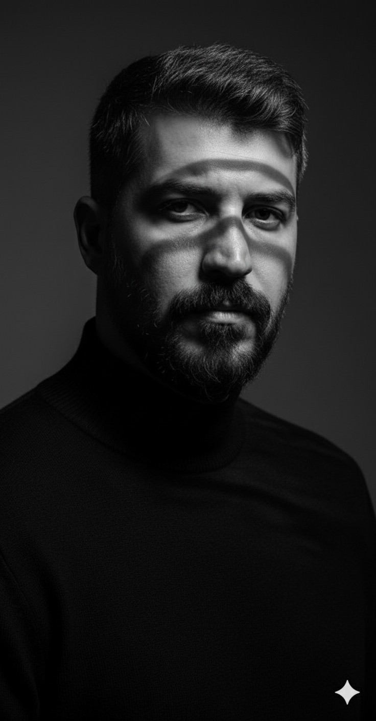A black-and-white hyperrealistic portrait of a person with geometric shadows, exhibiting a stoic and mysterious expression.