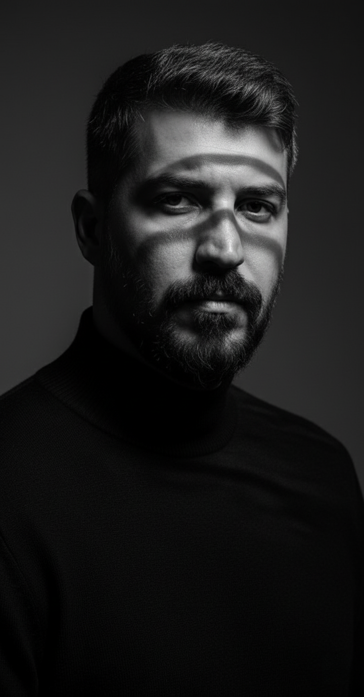 A black-and-white hyperrealistic portrait of a person with geometric shadows, exhibiting a stoic and mysterious expression.
