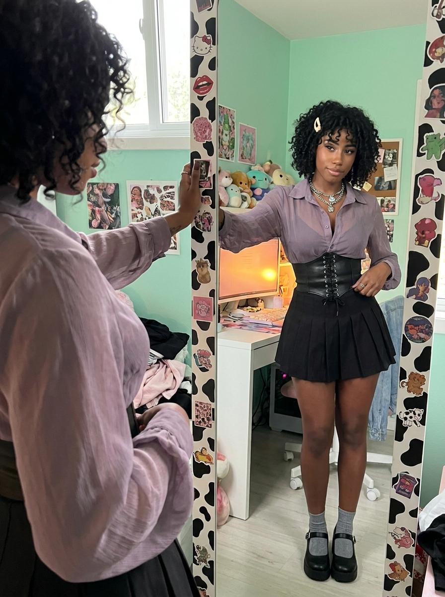 Full-length shot of a woman in a mint green bedroom before a cow print mirror, wearing a sheer lavender shirt and black corset.