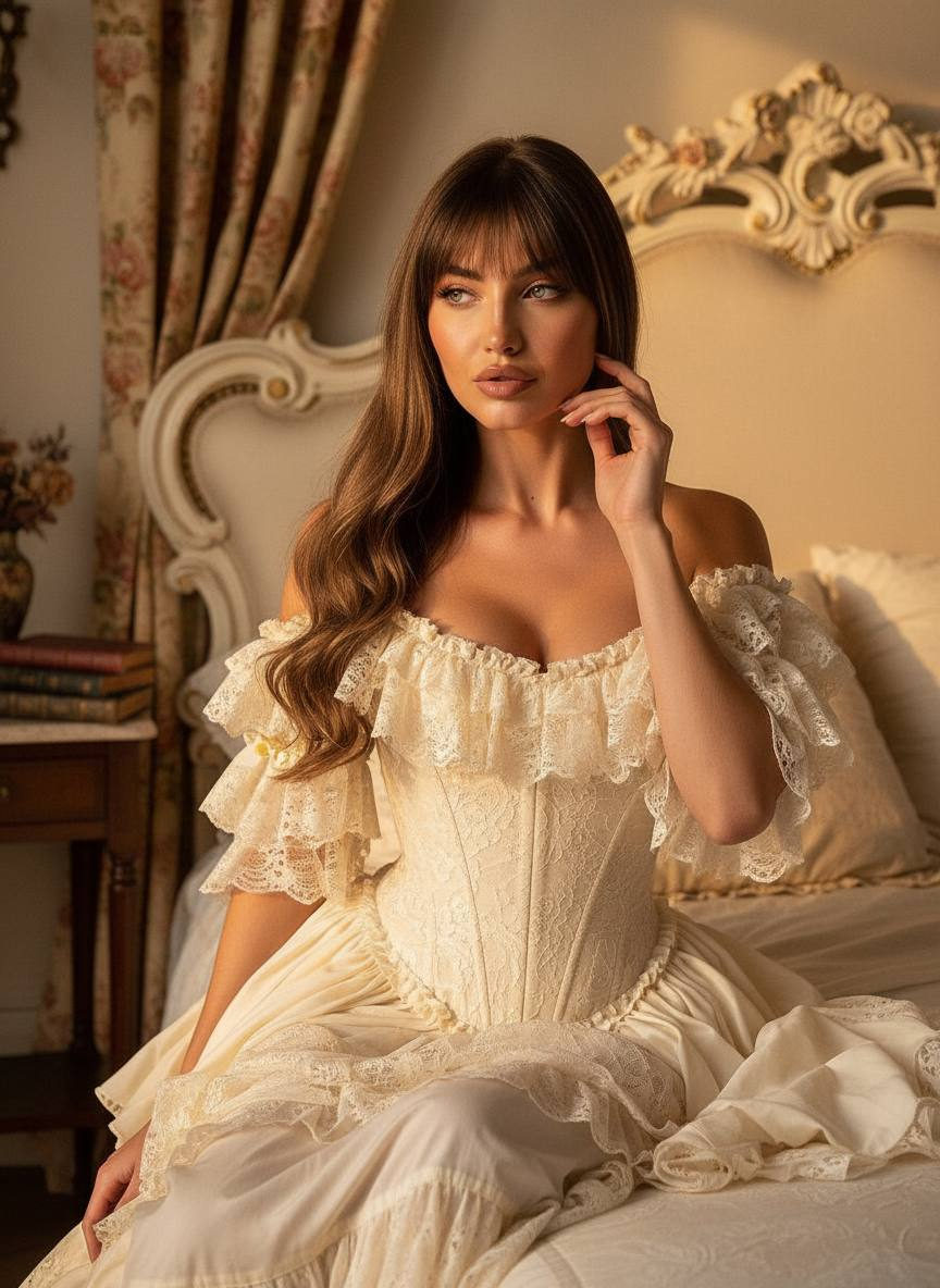 A graceful woman on a vintage bed in soft golden light, wearing a cream corset dress with delicate ruffles and lace textures.