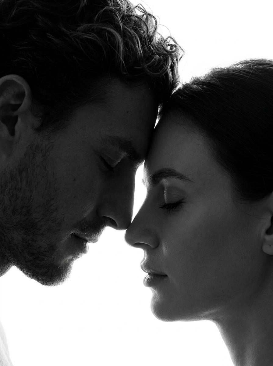 Close-up of two people touching foreheads in a minimalistic studio setting, creating sharp black and white silhouettes.