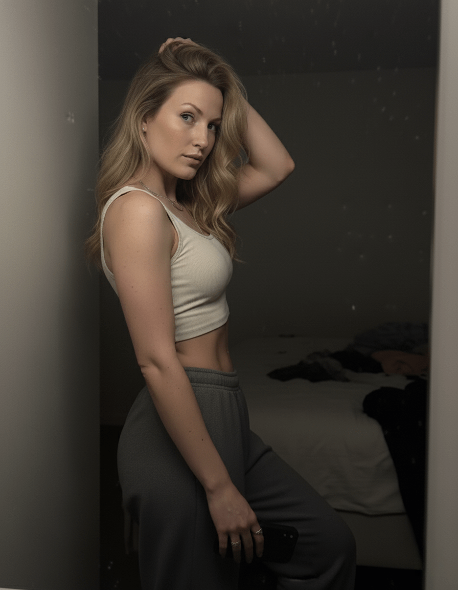 A dimly lit selfie of a woman with long hair in a mirror, wearing a crop top and sweatpants, with an arched back pose.