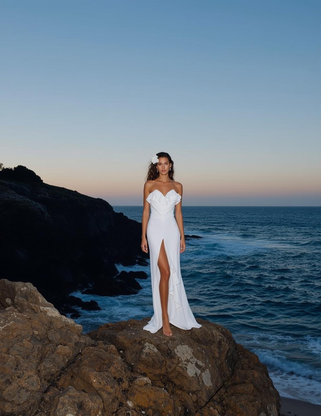 White Dress Rocky Coast Dusk