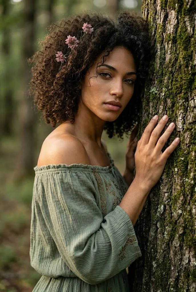 Olive Green Dress Leaning Against Mossy Tree