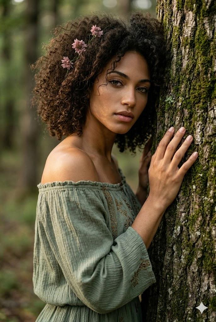 Olive Green Dress Leaning Against Mossy Tree