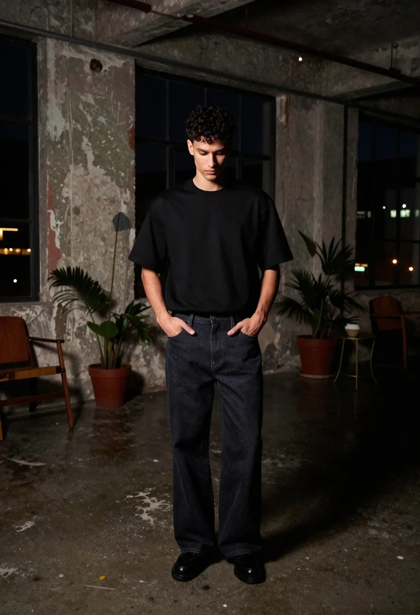 A young man with dark curly hair poses in an industrial loft with deep shadows and textured walls.