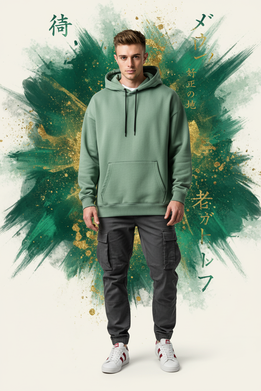 A powerful man in a sage green hoodie poses confidently against an abstract background of emerald and gold tones, showcasing a modern streetwear style.