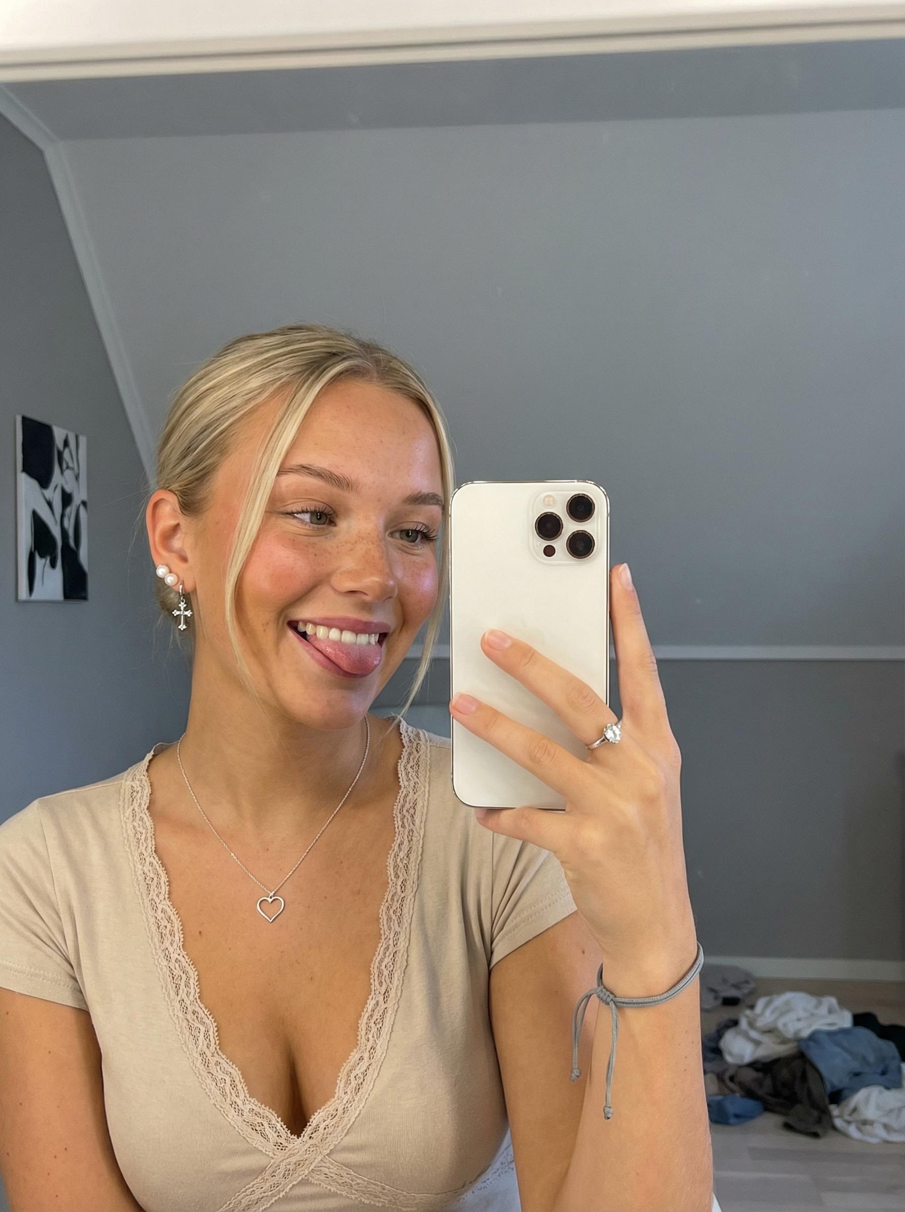 Mirror Selfie Playful Smile Freckled Face Rosy Blush