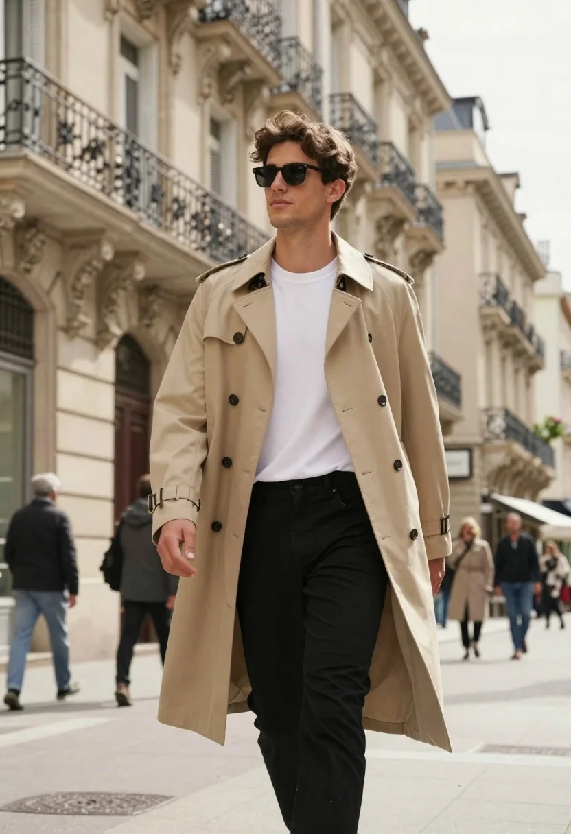 Stylish Young Man Walks Confidently Down Sunlit European Street Lined