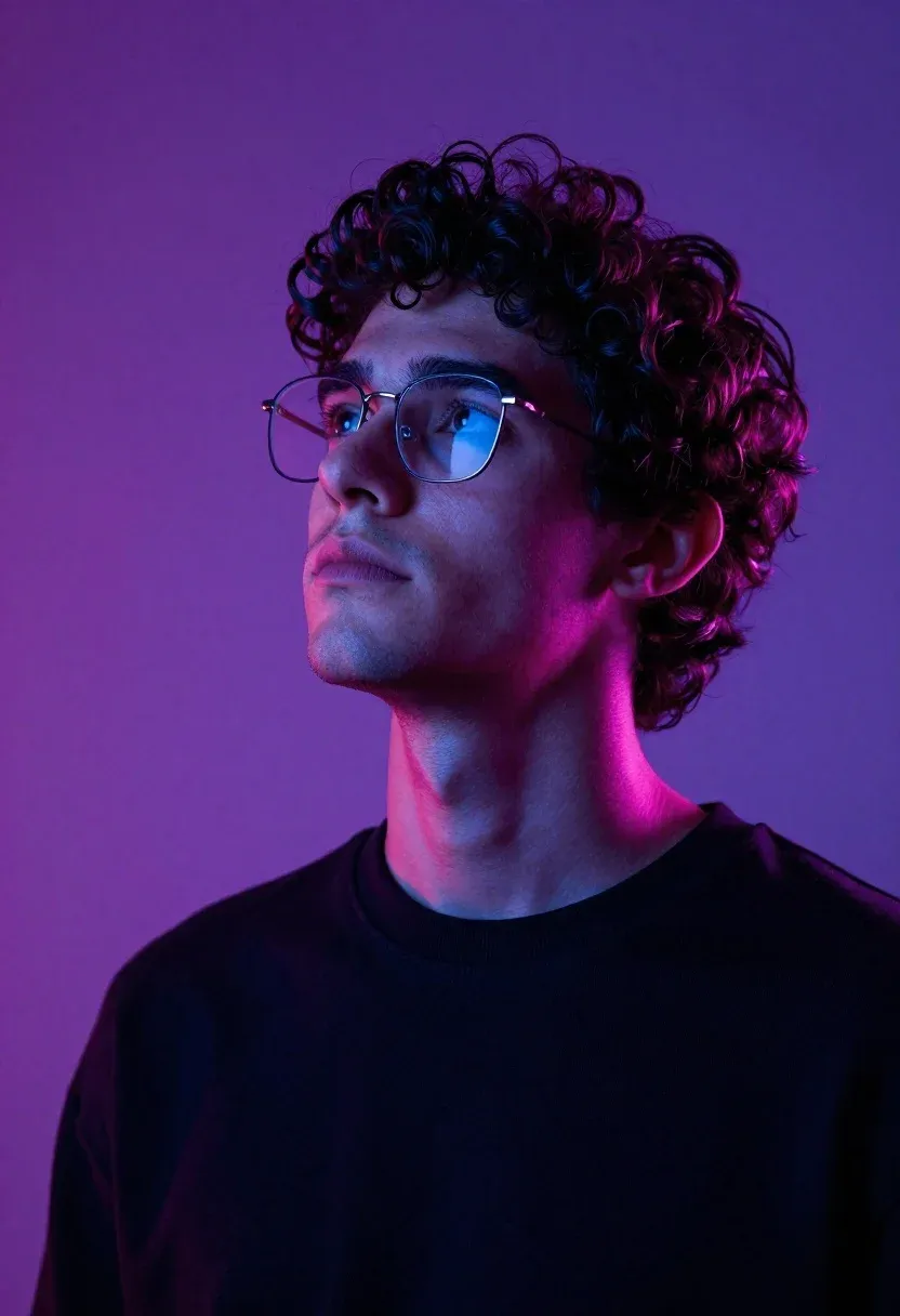 Portrait Young Man With Curly Dark Hair Looking Upward With