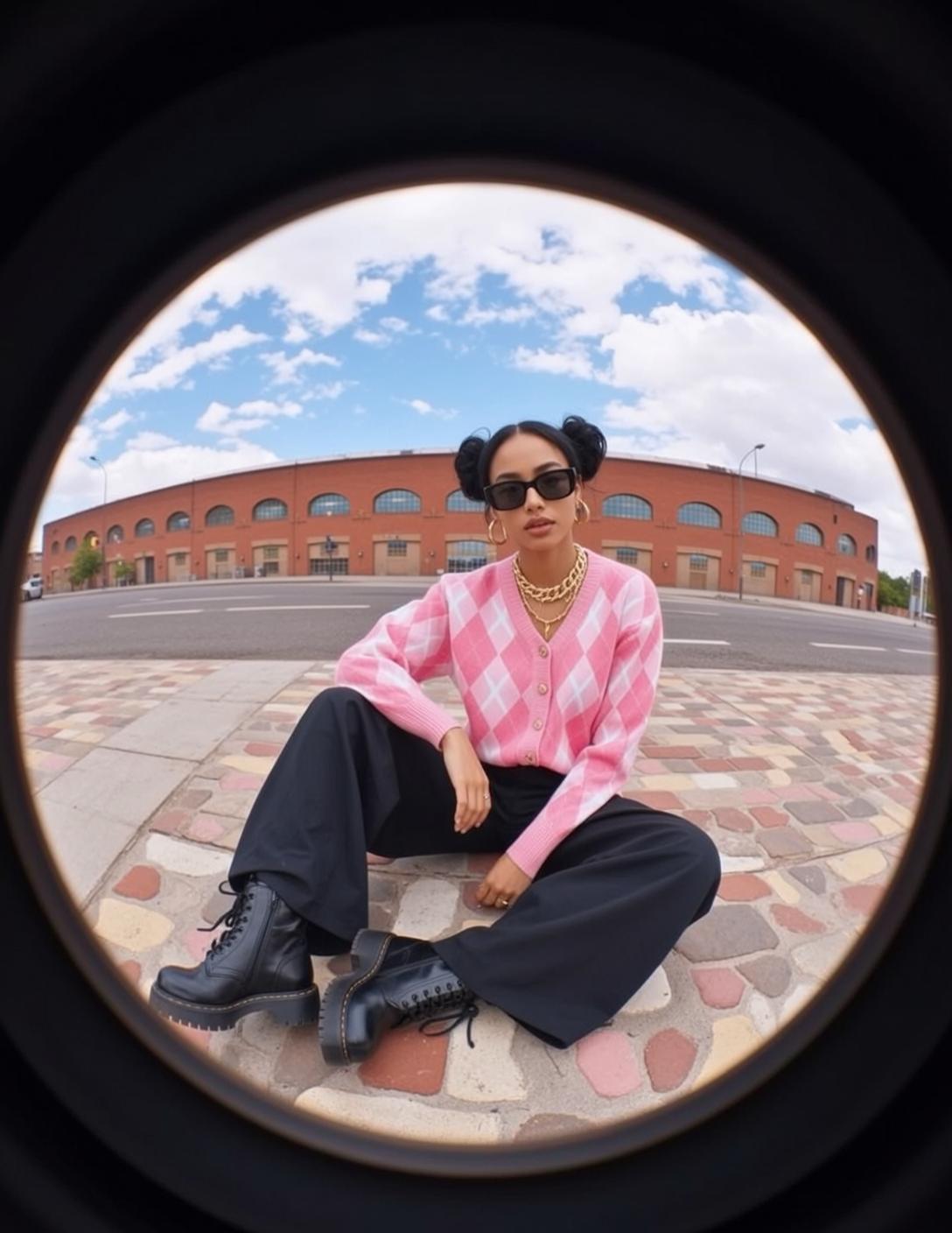 Fisheye Black Hair Two Buns Tan Skin