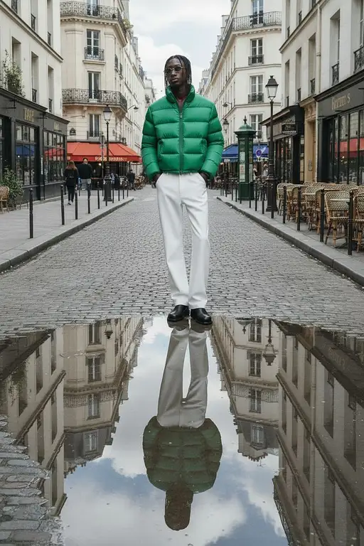 A realistic scene of a model standing beside a puddle, capturing her reflection on the water's surface.