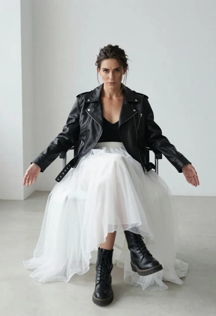 Woman Sits Confidently Minimalist Studio Space Wearing Black Leather Jacket